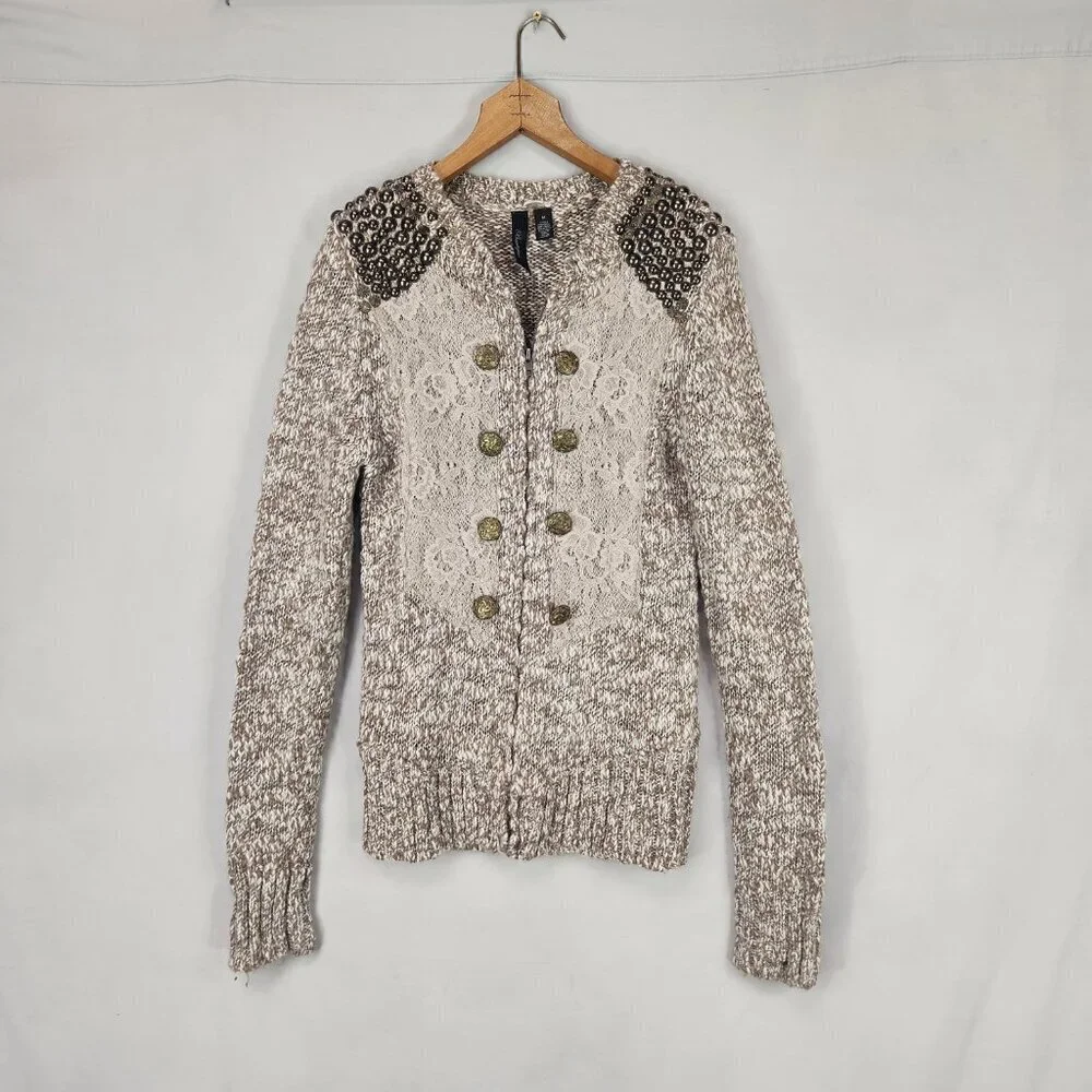 BKE Boutique Zip Up Cardigan Sweater Women's M Brown Studded Western Embellished